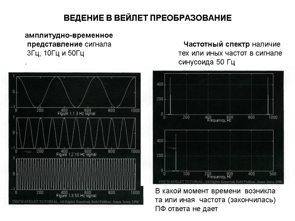 ВЕДЕНИЕ В ВЕЙЛЕТ ПРЕОБРАЗОВАНИЕ амплитудно-временное представление сигнала Частотный спектр наличие 3Гц, 10Гц и 50Гц